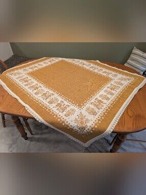 Mustard Yellow and White Decorative Tablecloth Floral And Children Border